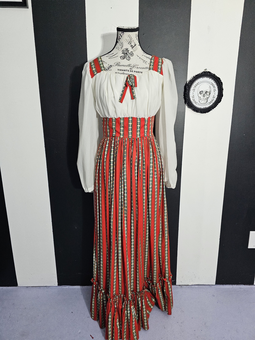 70's Vintage Red Striped Maxi Dress with White Bodice